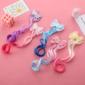 Kids colorful curly hair extension clip gradient wig bow hair accessories for party