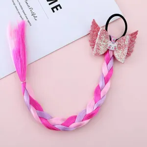 Colorful kids wig braid hair accessory with glitter bow wings and cute unicorn charm for party.