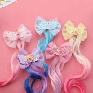 Children colorful hair clips with gradient wig extensions, cute mermaid bow hair accessories.