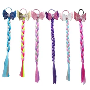 Colorful kids braided hair extension with glitter bow and cute unicorn hair tie for party.