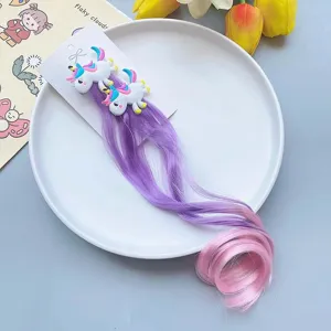 Kids cartoon unicorn hair wig clip colorful braided hair accessory for girls party daily wear.