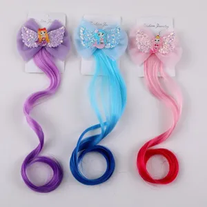 Kids colorful curly wig hair clips with mermaid sequins bow, perfect for party dress up.