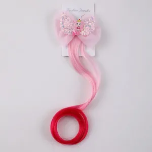 Details of kids colorful curly wig hair clip with cute mermaid design and gradient pink hair.