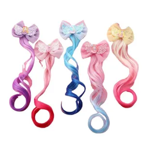 Kids colorful curly hair extension clips with gradient wig and cute sequin bow for party dressup
