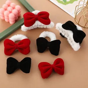 Sweet Velvet Bowknot Hair Clip Elegant Plush Trim Hair Claw Cute Hair Tie Princess Style Hairpin Headwear For Women Party Accessories