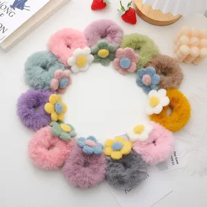 Cute candy color plush flower hair scrunchies set, soft fuzzy hair ties for autumn and winter.