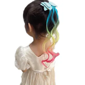 Kids glitter bow hair clip with colorful gradient hair extensions, cute princess wig accessory.