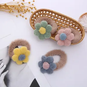 Cute fuzzy flower hair scrunchies candy color plush hair bands winter cute hair accessories