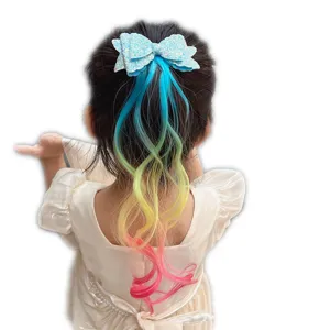 Colorful gradient wig bow hair clip for kids, cute glitter princess hairpiece accessory.