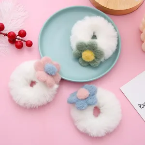 Cute fluffy plush flower hair scrunchie soft fuzzy hair band sweet winter daily headwear.