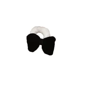 Black and white plush bow hair tie, sweet style soft velvet scrunchie for women styling.