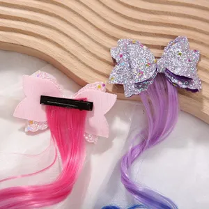 Cute kids colorful wig bow hair clips with glitter sparkly design for girls hair accessories.