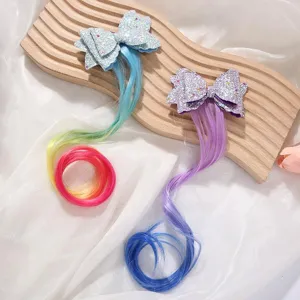 Glitter bow hair clip with colorful hair extensions, perfect cute children hair accessories.