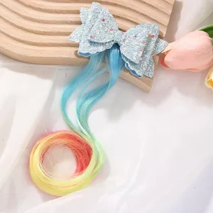 Kids glitter bow hair clip with colorful gradient wig hairpiece cute hair accessory