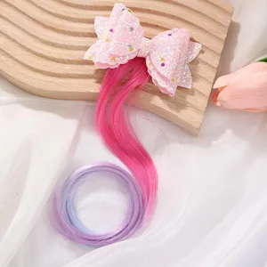 Kids cute glitter bow hair clip with colorful long synthetic hair extensions for girls