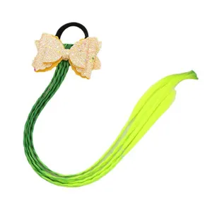 Kleurrijk gevlochten haar elastiekje voor kinderen met glitter strik en groene paardenstaart.