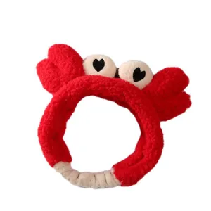 Cute red plush crab headband for face washing, soft wide-brim hair hoop and makeup accessory.