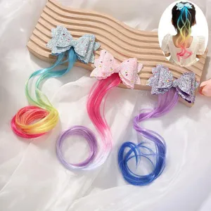 Kids Cute Glitter Bowknot Hair Clip With Gradient Colorful Synthetic Wig Extensions Princess Hair Accessories For Girls Party Decor