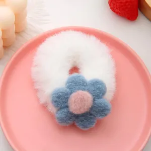 Cute plush flower hair scrunchie white fluffy hair tie sweet autumn winter hair accessories