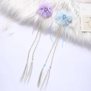 Kids wig hair clip with mesh bow, colorful rhinestone and long braided hair for party.