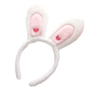 Cute plush bunny ear headband with pink heart embroidery, soft hair hoop for washing face.