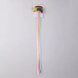 Colorful star rainbow hair extension clip for kids, cute glitter hairpiece for daily party wear.