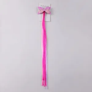 Kids colorful hair extension clip with bow design, synthetic long wig braid for girls dress up.