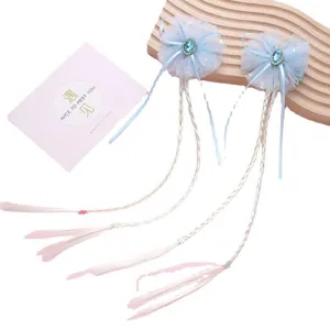 Kids wig hair clip cute blue bow headdress princess dress matching braid hairpin