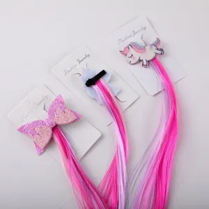 Children cartoon unicorn bow hair clips and colorful hair extensions set for cute styling.