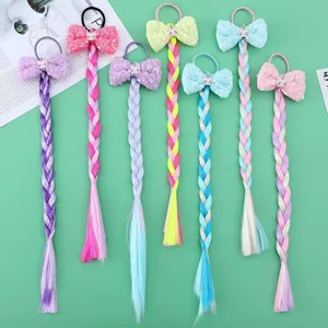 Kids Cartoon Unicorn Colorful Synthetic Wig Braid Hair Scrunchies Bowknot Sequin Braiding Hairband For Little Girls Costume Party Performance Hair Accessories