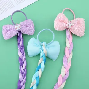 Children colorful wig braided hair ties with sequin bows and cute unicorn cartoon accessories