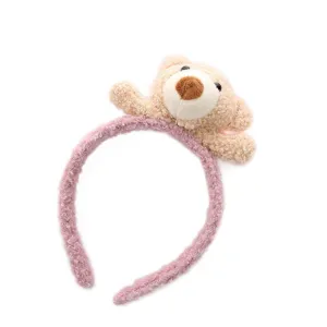 Cute teddy bear plush pink headband, soft lamb wool hair hoop for girls and parties.