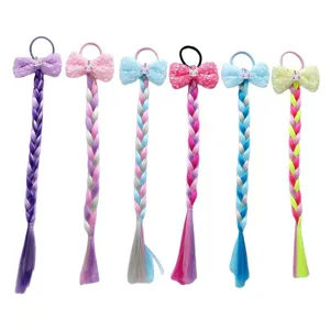 Colorful wig braids hair ties for girls with sequin bow and cute unicorn design for parties.
