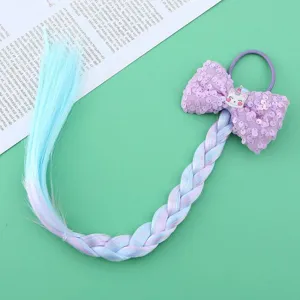Kids colorful wig braid hair tie with purple sequin bow and cute cartoon unicorn for party.