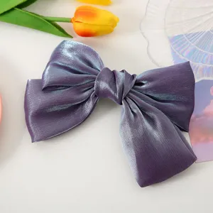 Purple metallic satin bow hair clip, elegant ponytail spring clip for daily hair styling.