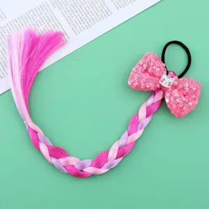 Children colorful wig braid hair tie with pink sequin bow and cute unicorn decor detail.