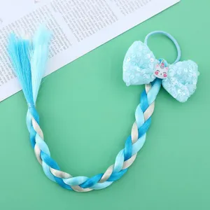 Kids colorful braided hair extension with sequin bow and cute unicorn cartoon hair ring accessory.