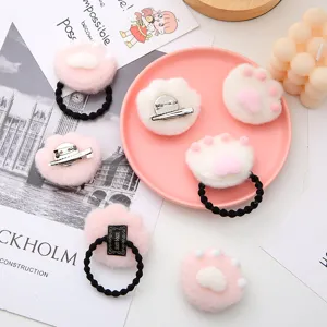 Cute cat paw plush hair tie and hair clip set for women girls sweet hair accessories.