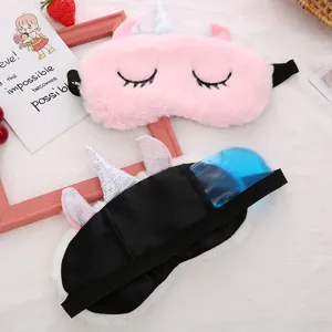 Plush unicorn sleep eye mask with gel ice pack, soft fuzzy shading eye cover for kids rest.