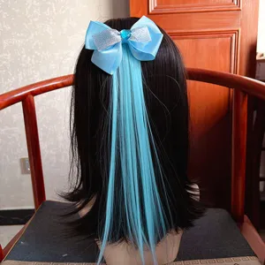 Cute blue bow hair clip with long straight hair extension detail for little girls accessories.