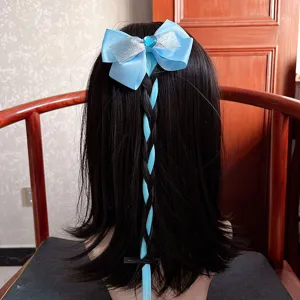 Cute girls blue bow hair clip with colored braided synthetic hair extension piece.