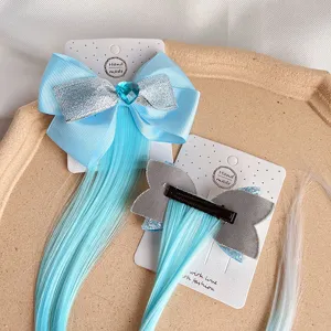 Children double bow hair clips with blue colorful hair extensions and shiny heart rhinestone.