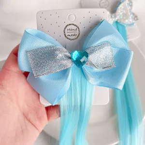 Kids blue hair bow wig clip with silver ribbon and heart rhinestone for cute hairstyles.