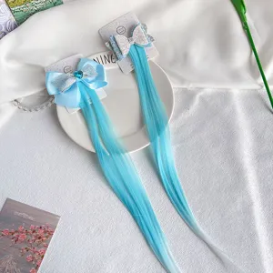 Children blue bow hair clip with long straight synthetic hair extension piece for little girls.