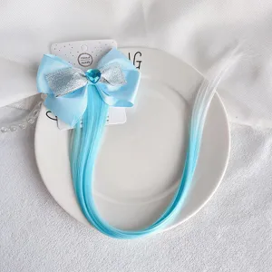 Kids blue bow hair clip with synthetic straight hair extension cute girls hair accessories