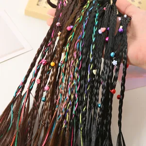Kids colorful braided wig hair extensions with cute beads and threads for festival performance.