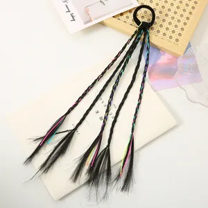 Detailed view of children colorful braided hair tie synthetic wig ponytail hair accessory.