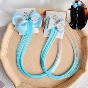 Kids Colorful Bowknot Hair Extensions For Girls Double Layer Ribbon Bow Hair Clip Gradient Straight Hairpiece With Rhinestone Hand Made Hair Accessories