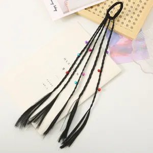 Kids synthetic braided wig hair extension with colorful beads, ponytail hair tie for party.