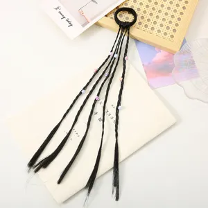 Children's wig hair accessory, black braided ponytail with colorful flower beads for performance.